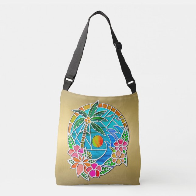 Aqua and Gold Ocean Palm Tree Summer Landscape Crossbody Bag (Front)