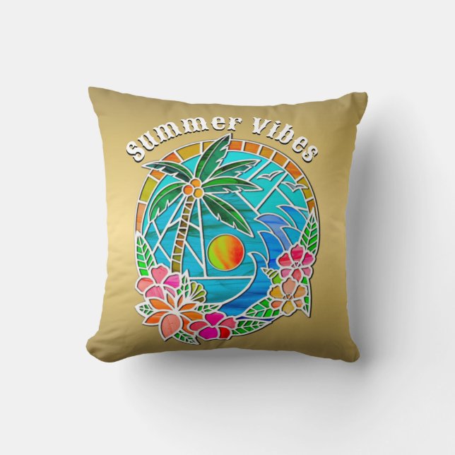Aqua and Gold Ocean Palm Tree Summer Landscape Cushion (Front)