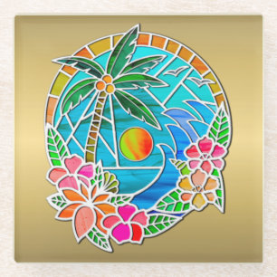 Aqua and Gold Ocean Palm Tree Summer Landscape Glass Coaster