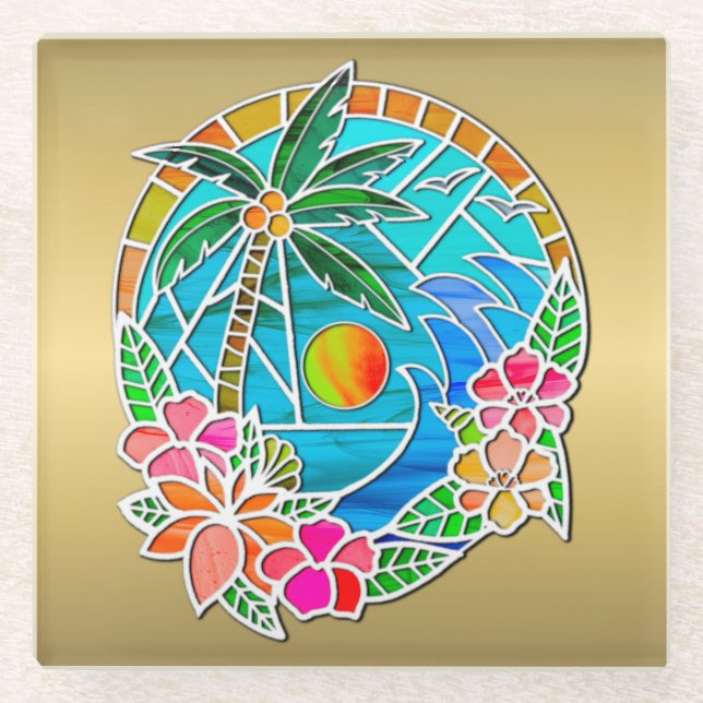 Aqua and Gold Ocean Palm Tree Summer Landscape Glass Coaster (Front)
