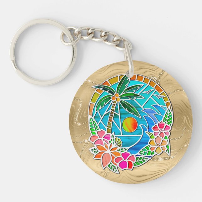 Aqua and Gold Ocean Palm Tree Summer Landscape Key Ring (Front)