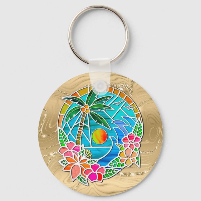 Aqua and Gold Ocean Palm Tree Summer Landscape Key Ring (Front)