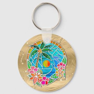 Aqua and Gold Ocean Palm Tree Summer Landscape Key Ring
