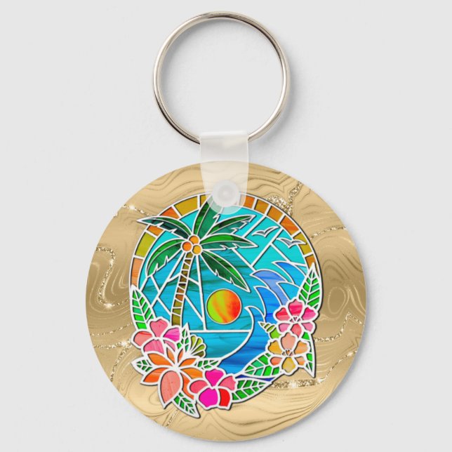 Aqua and Gold Ocean Palm Tree Summer Landscape Key Ring (Front)