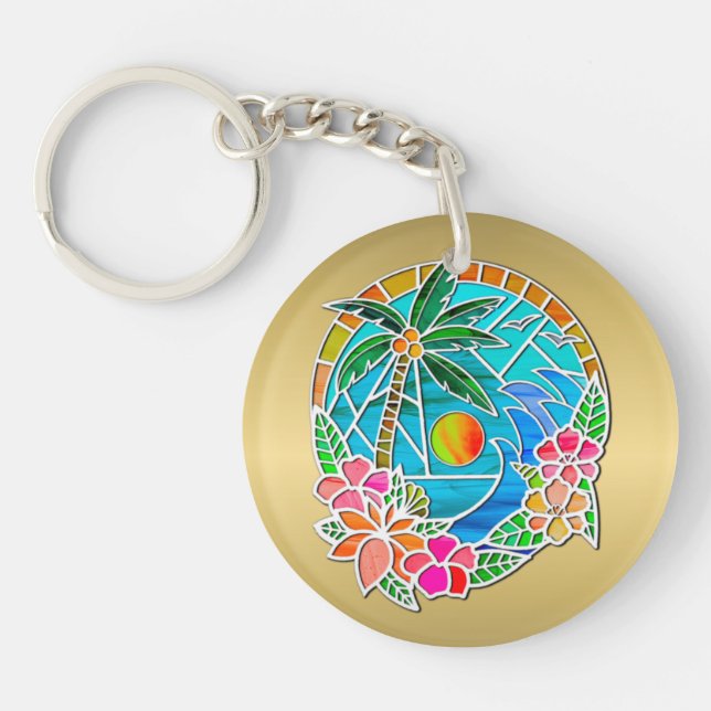 Aqua and Gold Ocean Palm Tree Summer Landscape Key Ring (Front)