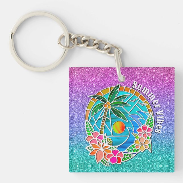 Aqua and Gold Ocean Palm Tree Summer Landscape Key Ring (Front)