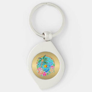 Aqua and Gold Ocean Palm Tree Summer Landscape Key Ring