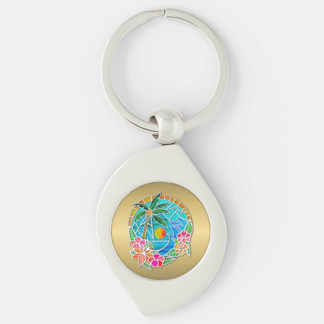 Aqua and Gold Ocean Palm Tree Summer Landscape Key Ring (Front)