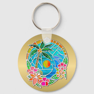 Aqua and Gold Ocean Palm Tree Summer Landscape Key Ring
