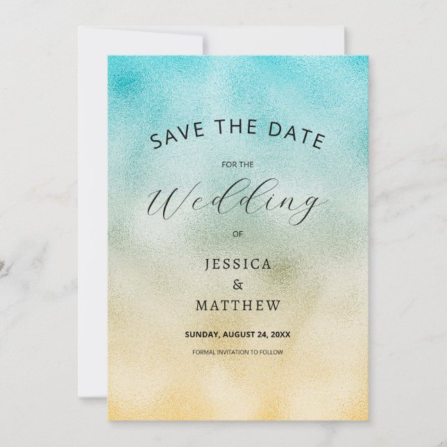 Aqua and Gold Ombre Foil Save The Date (Front)