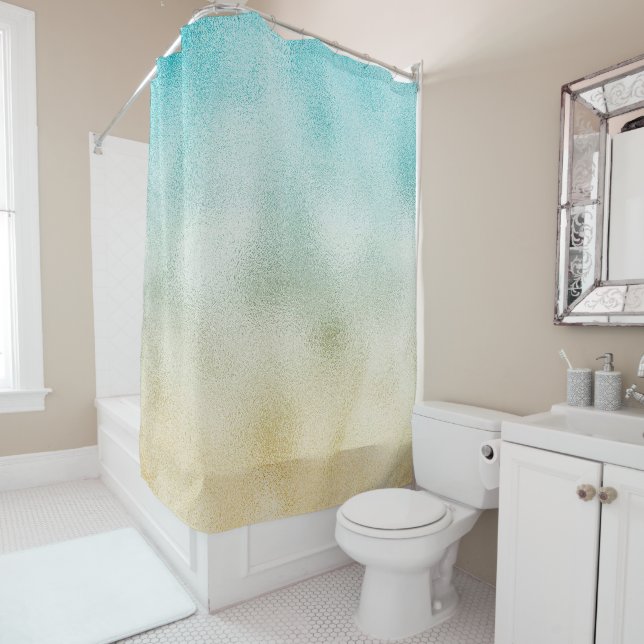 Aqua and Gold Ombre Foil Shower Curtain (In Situ)