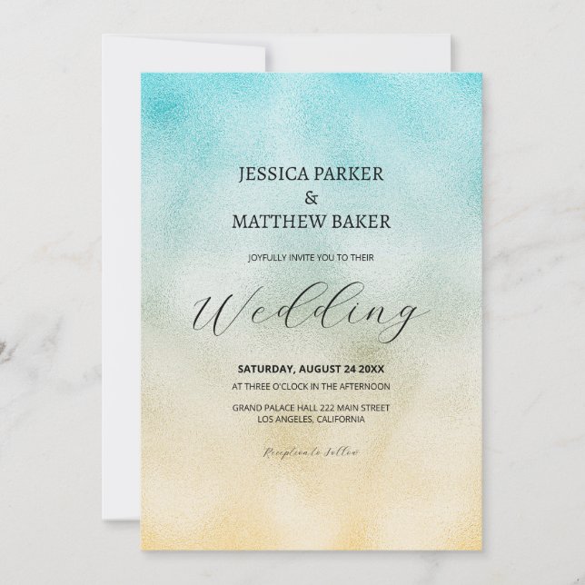 Aqua and Gold Ombre Foil Wedding Invitation (Front)