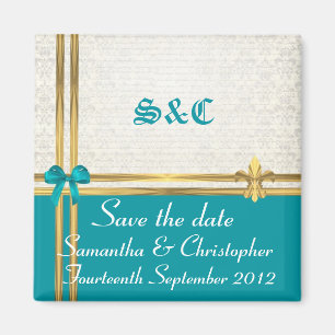Aqua and gold on damask save the date magnet
