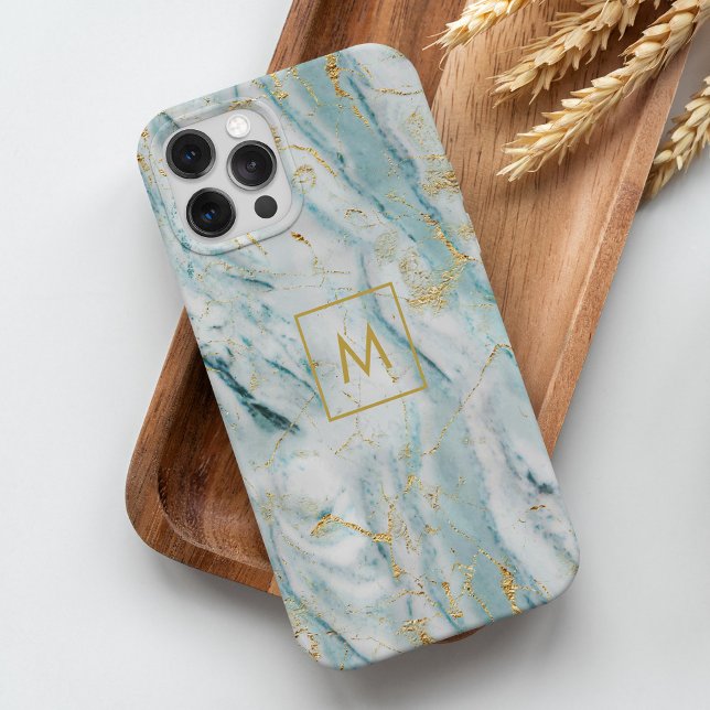 Aqua and Gold Printed Marble Texture Monogrammed Case-Mate iPhone Case (Creator Uploaded)