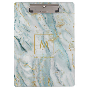 Aqua and Gold Printed Marble Texture Monogrammed Clipboard