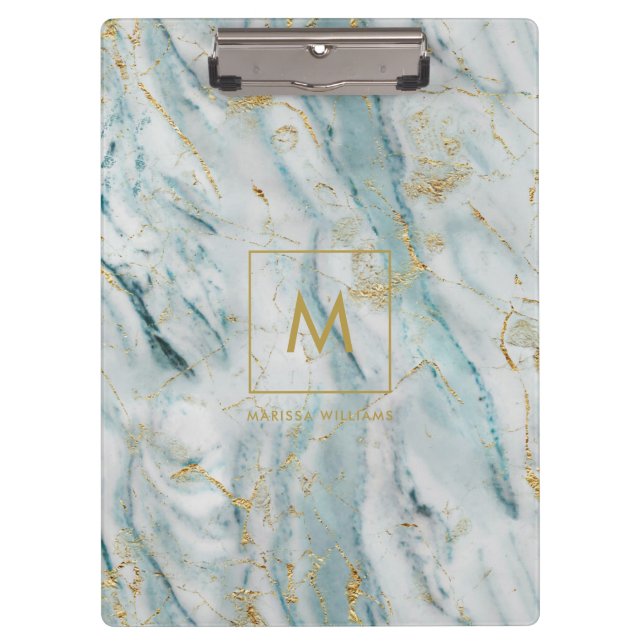 Aqua and Gold Printed Marble Texture Monogrammed Clipboard (Front)