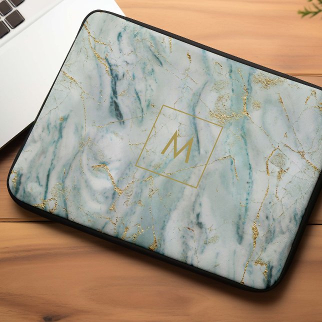Aqua and Gold Printed Marble Texture Monogrammed Laptop Sleeve (Creator Uploaded)