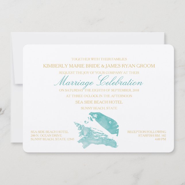 Aqua and Gold Seashell Beach Wedding Invitation (Front)