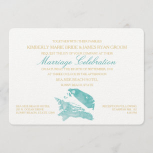 Aqua and Gold Seashell Beach Wedding Invitation