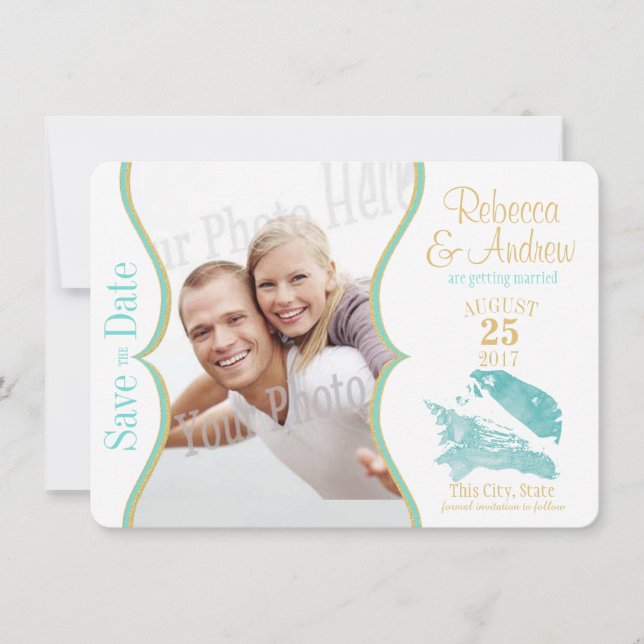 Aqua and Gold Seashell Save the Date (Front)