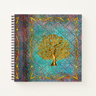 Aqua and Gold Tree of Life Ancient Tome Notebook