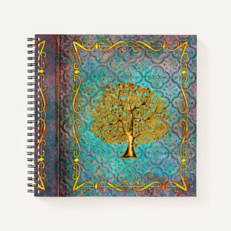 Aqua and Gold Tree of Life Ancient Tome Notebook