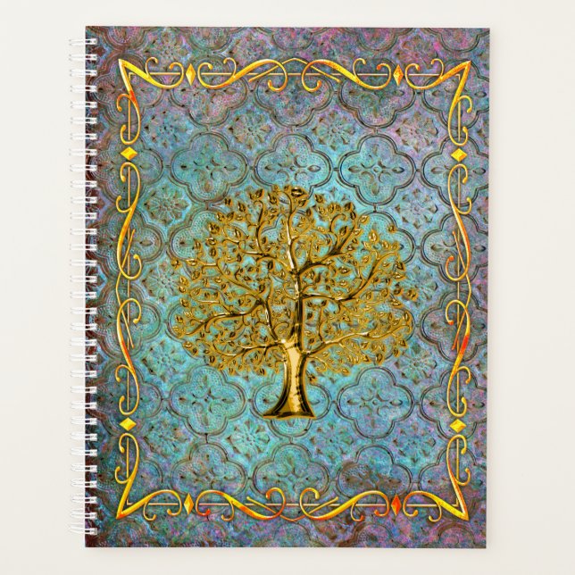 Aqua and Gold Tree of Life Ancient Tome Planner (Front)