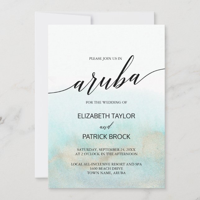 Aqua and Gold Watercolor Beach Aruba Wedding Invitation (Front)