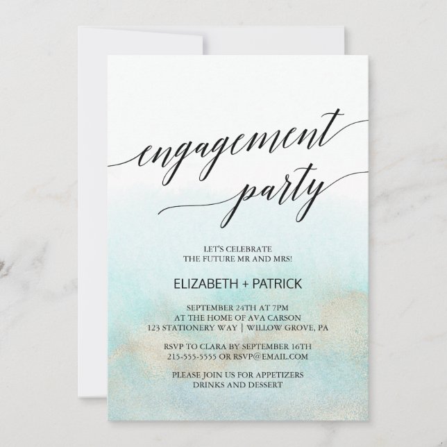 Aqua and Gold Watercolor Beach Engagement Party Invitation (Front)