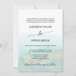 Aqua and Gold Watercolor Beach Formal Wedding Invitation