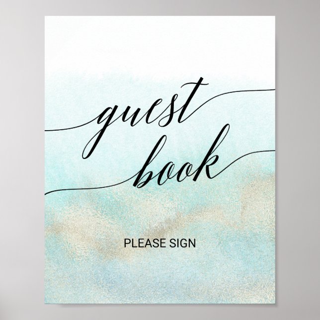 Aqua and Gold Watercolor Beach Guest Book Sign (Front)