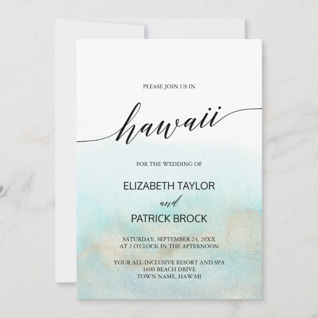 Aqua and Gold Watercolor Beach Hawaii Wedding Invitation (Front)
