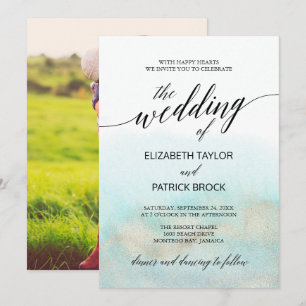 Aqua and Gold Watercolor Beach Photo Wedding Invitation