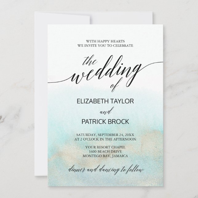 Aqua and Gold Watercolor Beach The Wedding Of Invitation (Front)