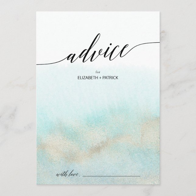 Aqua and Gold Watercolor Beach Wedding Advice Card (Front)
