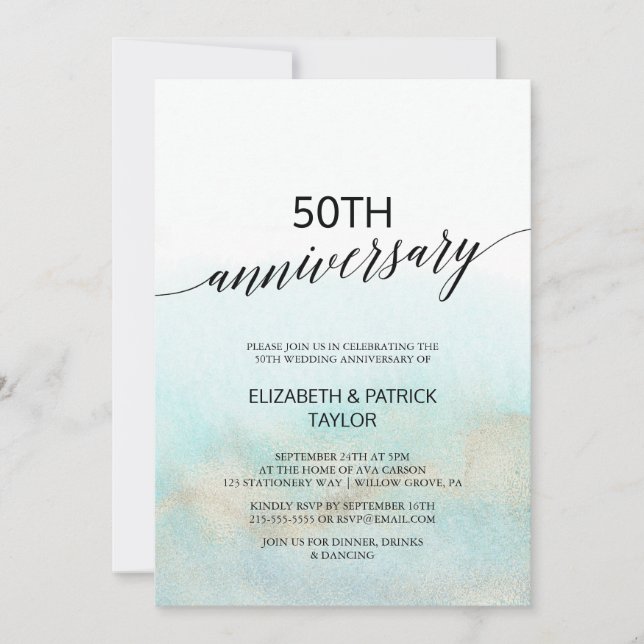 Aqua and Gold Watercolor Beach Wedding Anniversary Invitation (Front)