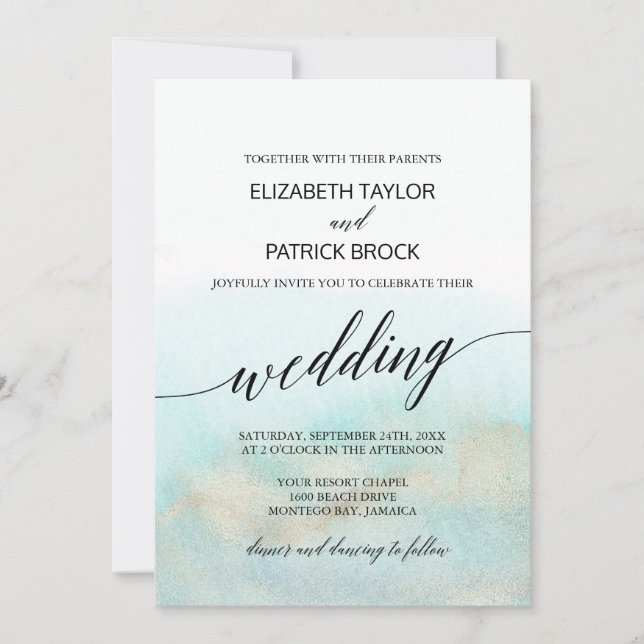 Aqua and Gold Watercolor Beach Wedding Invitation (Front)