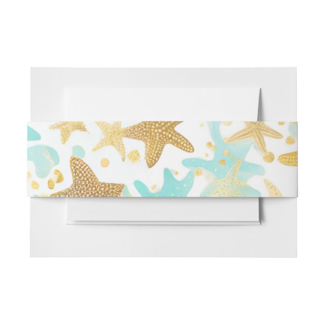 Aqua And Gold Watercolor Beachy Starfish  Invitation Belly Band (Front Example)