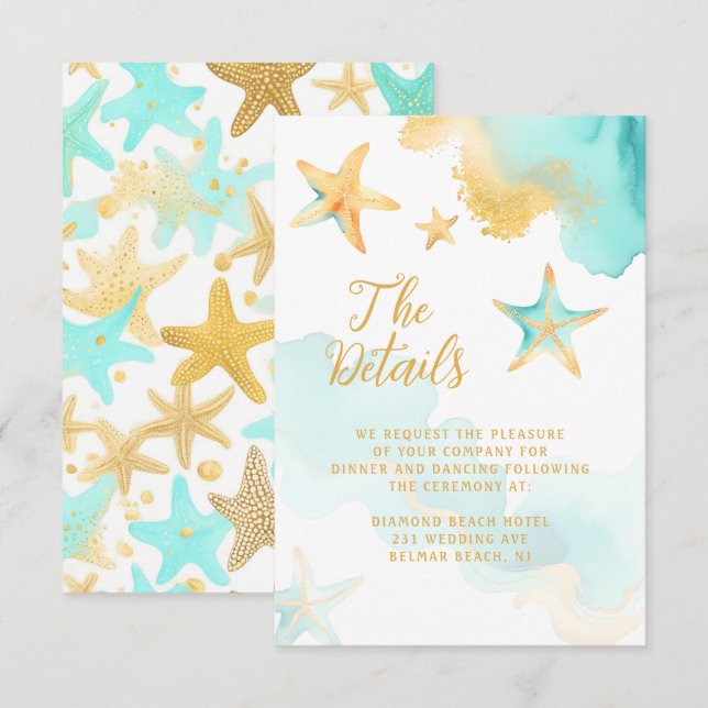 Aqua And Gold Watercolor Beachy Starfish Wedding  Enclosure Card (Front/Back)