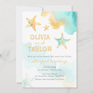 Aqua And Gold Watercolor Beachy Starfish Wedding  Invitation