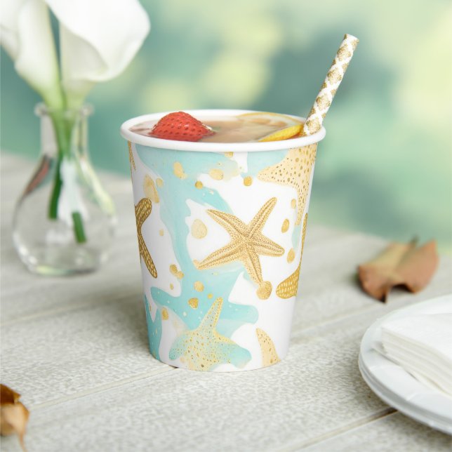 Aqua And Gold Watercolor Beachy Starfish Wedding  Paper Cups (Insitu)