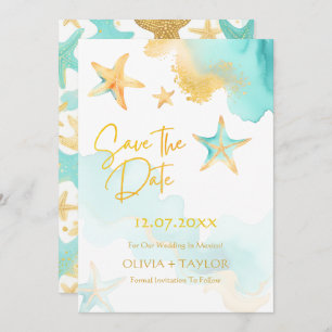 Aqua And Gold Watercolor Beachy Starfish Wedding Save The Date