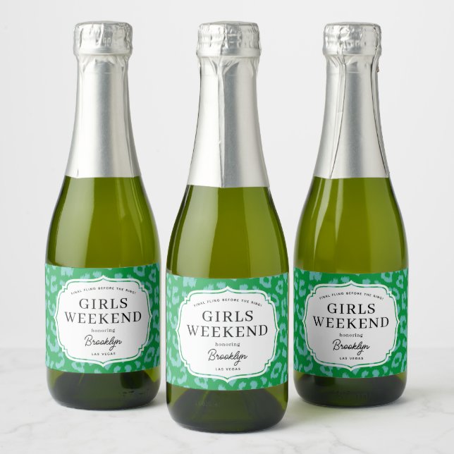 Aqua and Green Animal Print Girls Weekend Sparkling Wine Label (Bottles)