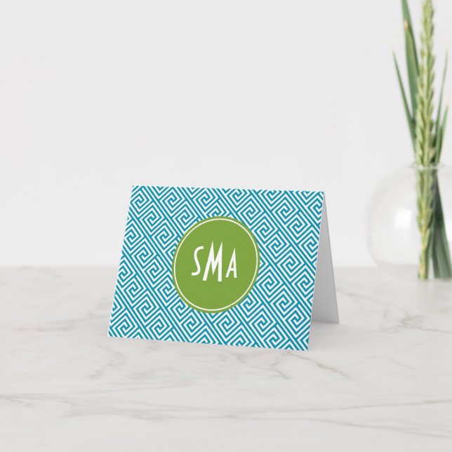 Aqua and Green Greek Key Pattern Monogram Note Card (Front)