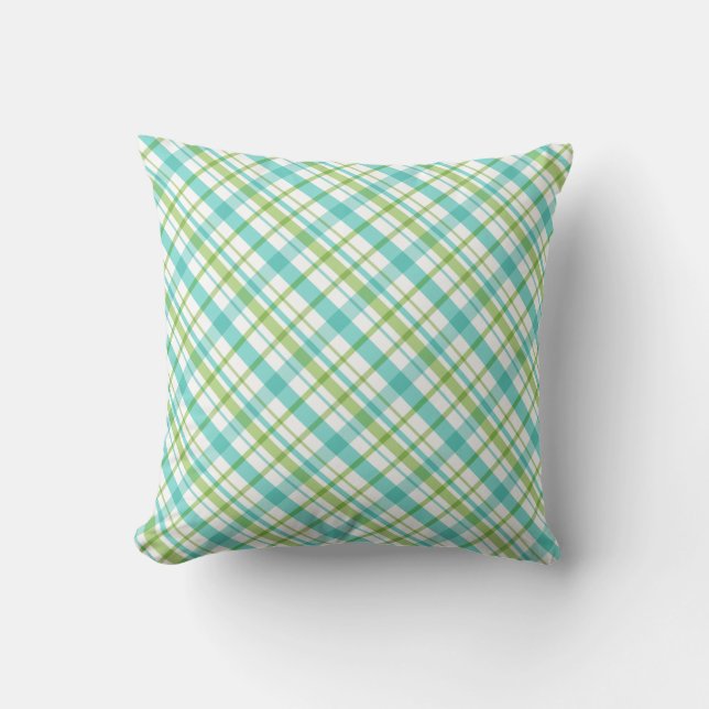Aqua and Green Plaid Pattern Cushion (Front)