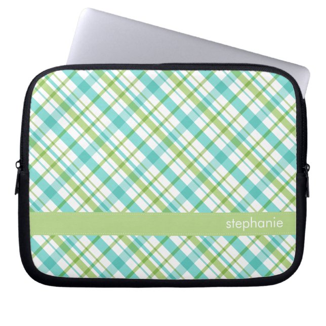 Aqua and Green Plaid Pattern Laptop Sleeve (Front)