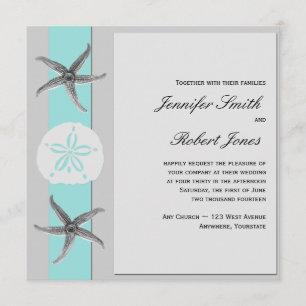 Aqua and Grey Band Starfish Wedding Invitation