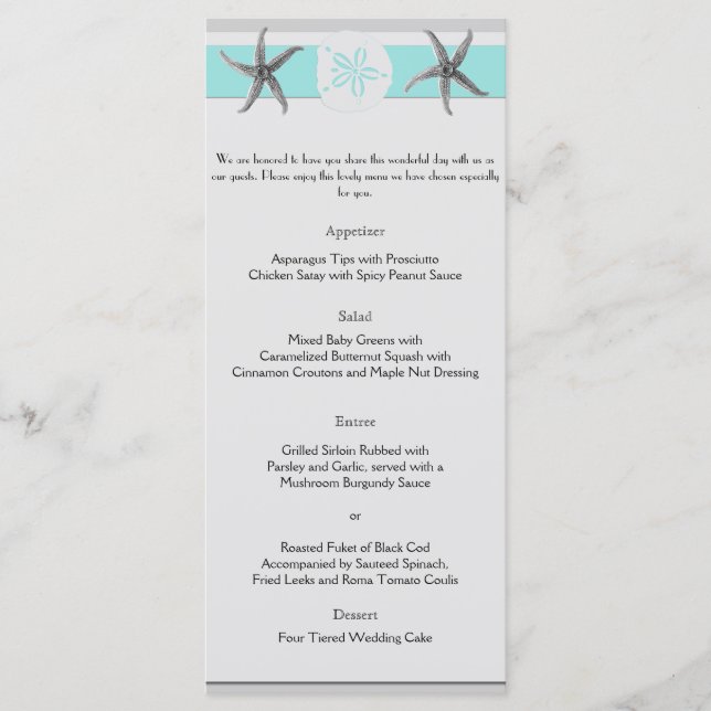 Aqua and Grey Band Starfish Wedding Menu (Front)