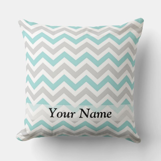 Aqua and grey chevron pattern cushion (Front)