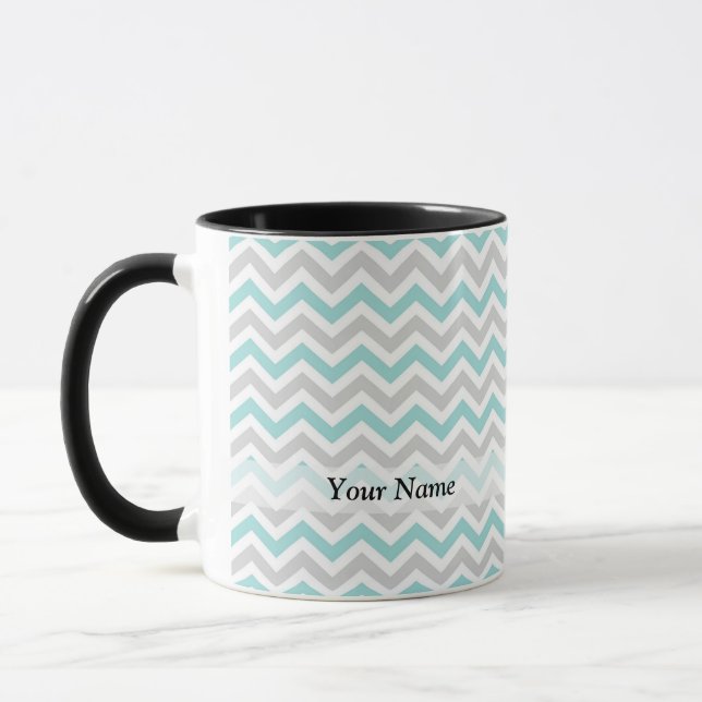 Aqua and grey chevron pattern mug (Left)